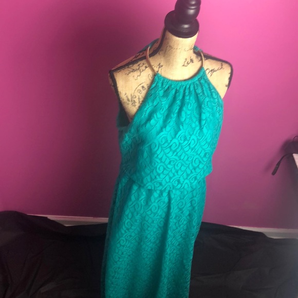 Bisou Bisou teal floor length halter dress - Picture 3 of 8